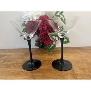Vintage Black Stem Martini Glasses Set of Two Clear Bowl Modern Cocktail Barware